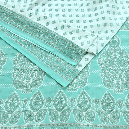 Vintage Floral Print Cotton Sari - Green & White Indian Fabric 5Yd