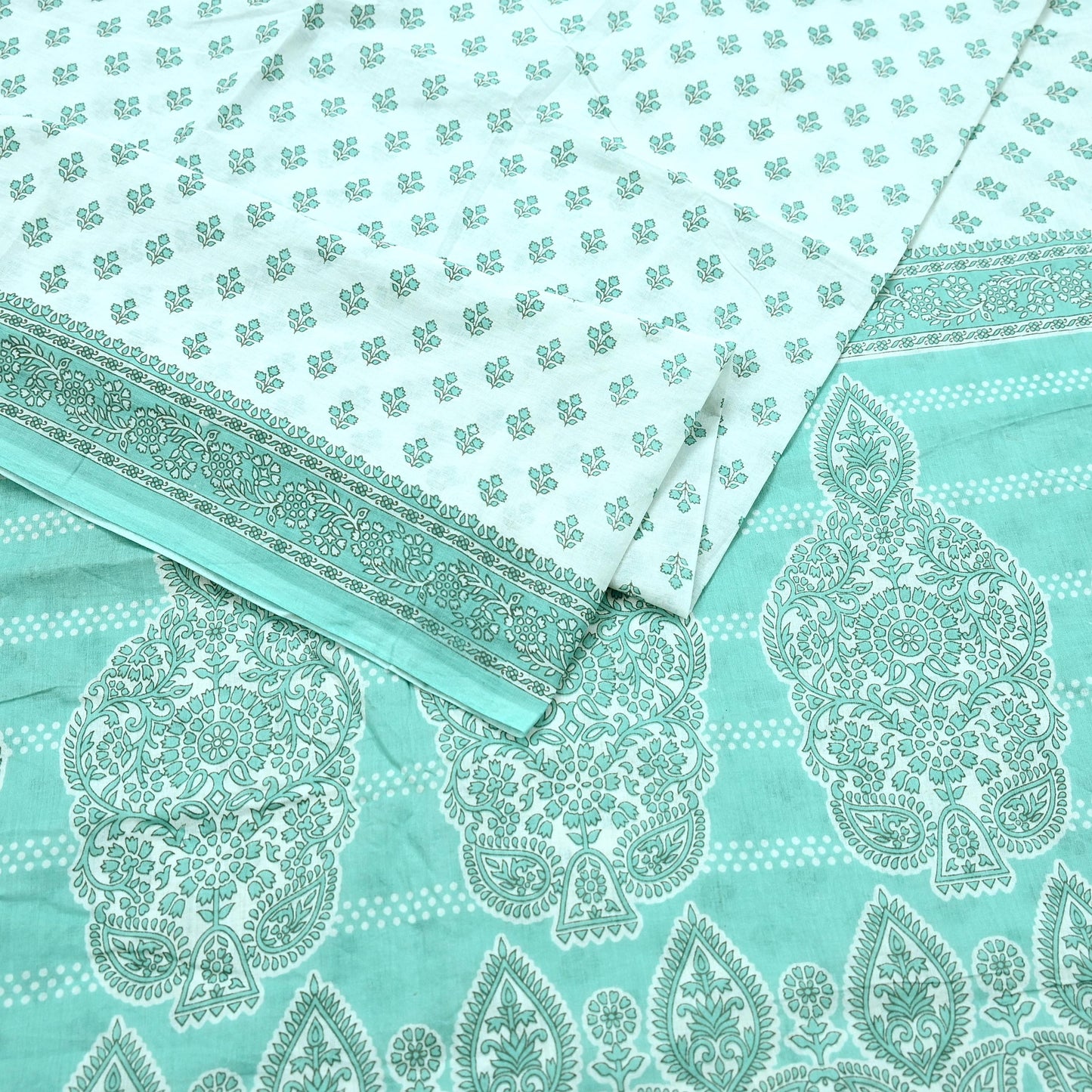 Vintage Floral Print Cotton Sari - Green & White Indian Fabric 5Yd