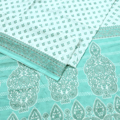 Vintage Floral Print Cotton Sari - Green & White Indian Fabric 5Yd
