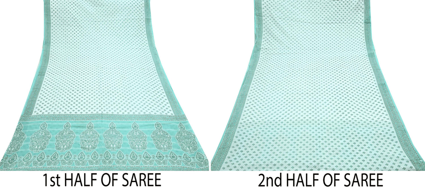 Vintage Floral Print Cotton Sari - Green & White Indian Fabric 5Yd