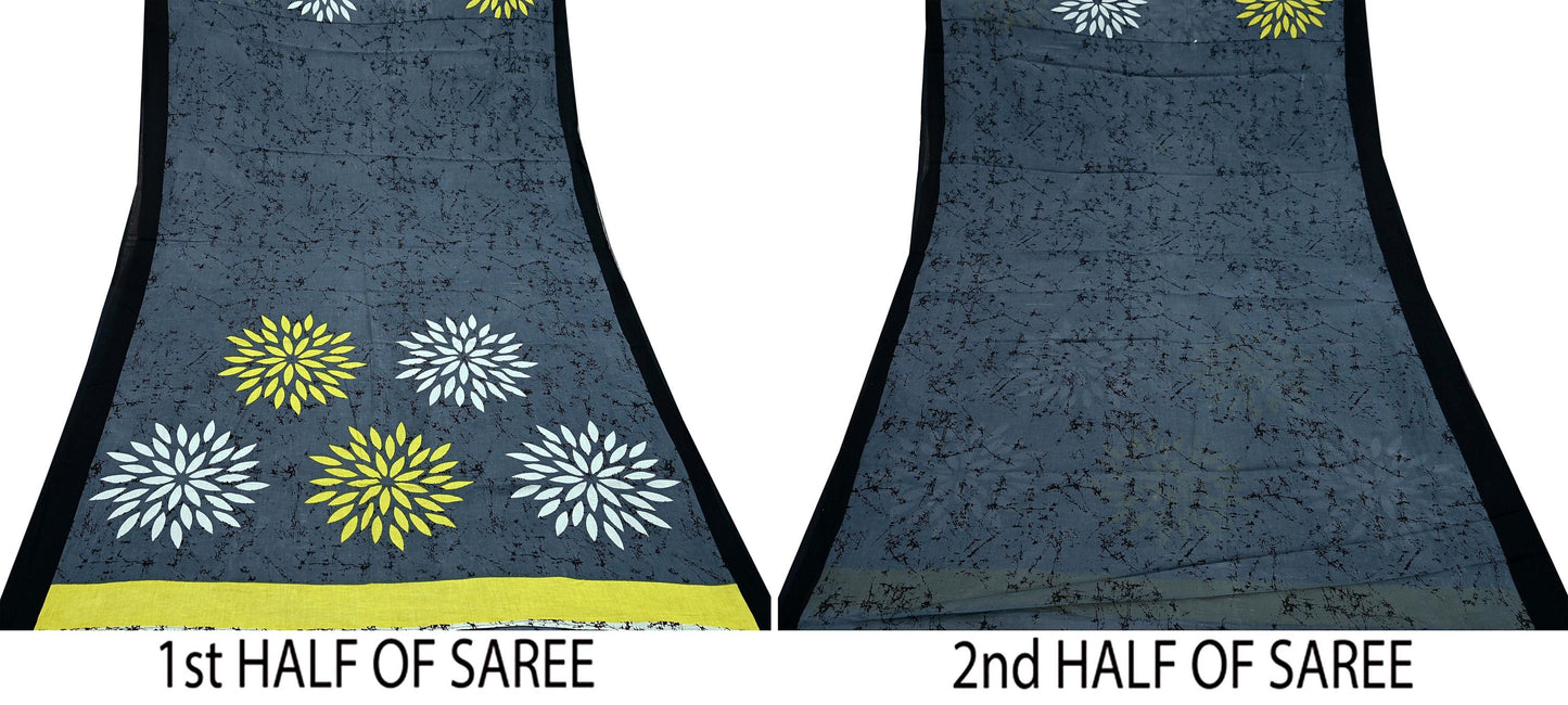 Indian Vintage Gray Saree Printed Pure Cotton Sari Craft Fabric 5Yd Sewing Soft Sarong Wrap Boho Floral Quilting Crafting