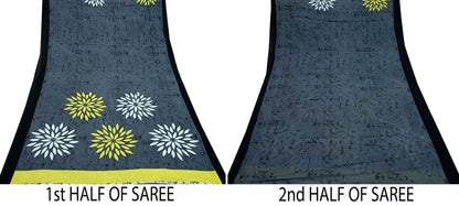 Indian Vintage Gray Saree Printed Pure Cotton Sari Craft Fabric 5Yd Sewing Soft Sarong Wrap Boho Floral Quilting Crafting