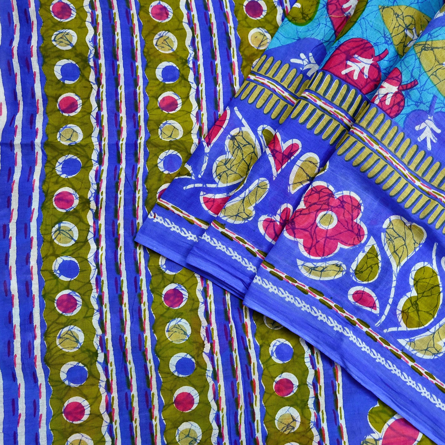 Indian Vintage Sari Blue Printed 100% Pure Cotton Saree Craft Fabric 5Yard Sewing Sarong Wrap Boho Floral
