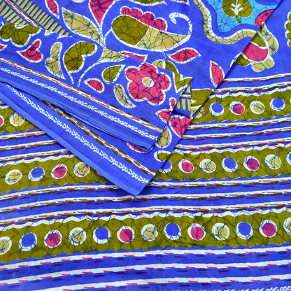 Indian Vintage Sari Blue Printed 100% Pure Cotton Saree Craft Fabric 5Yard Sewing Sarong Wrap Boho Floral