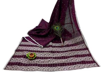 Vintage Handwoven Cotton Sari: Purple Floral Fabric, Ethnic Crafting 5yd