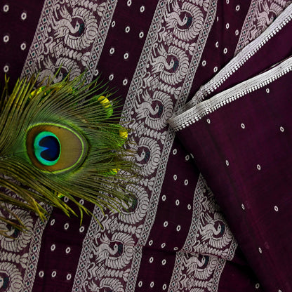 Vintage Handwoven Cotton Sari: Purple Floral Fabric, Ethnic Crafting 5yd