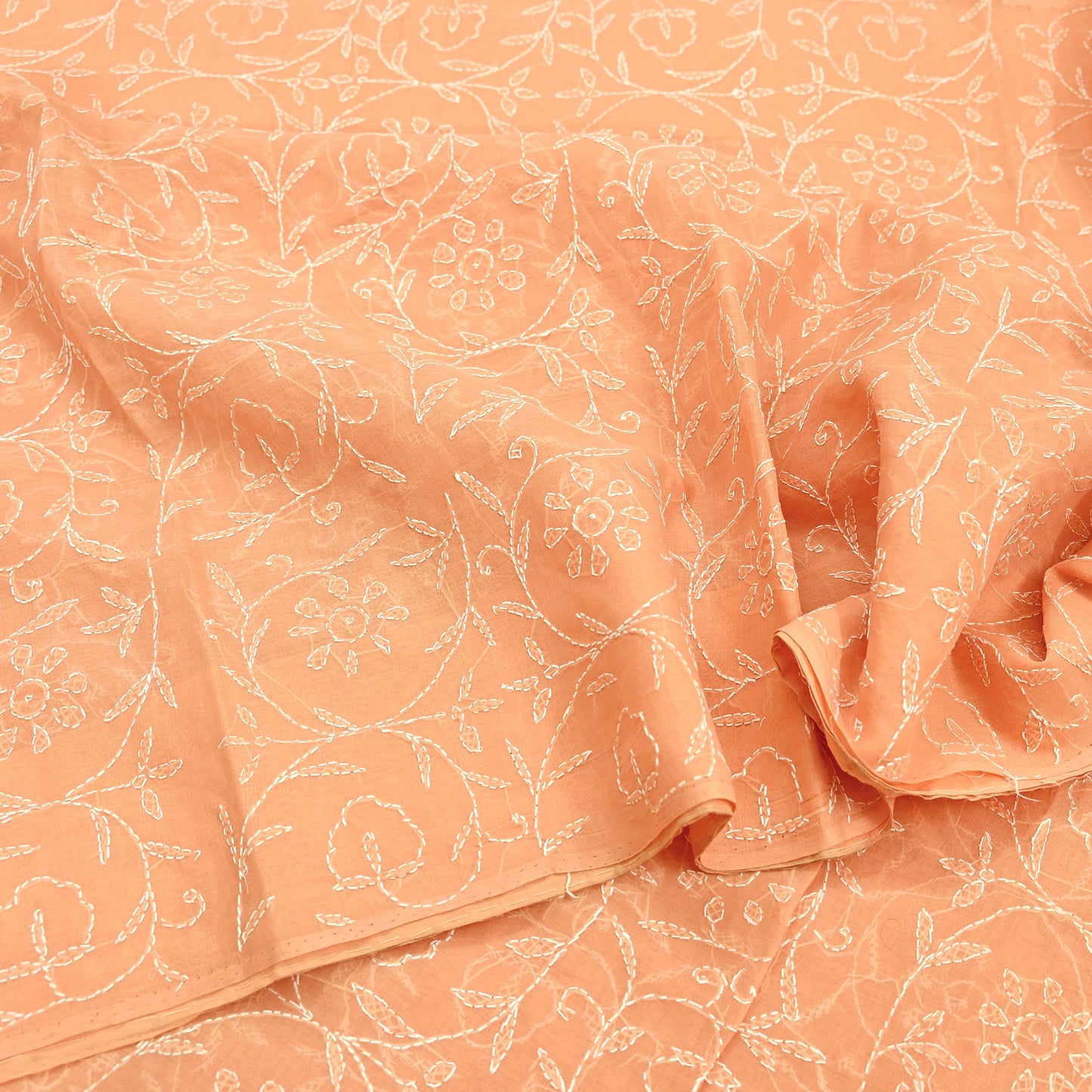 Indian Vintage Peach Saree Cotton Hand Embroidered Kantha Sari Craft Fabric 5yard Sewing Floral Soft Dressmaking Crafting Quilting upcycle