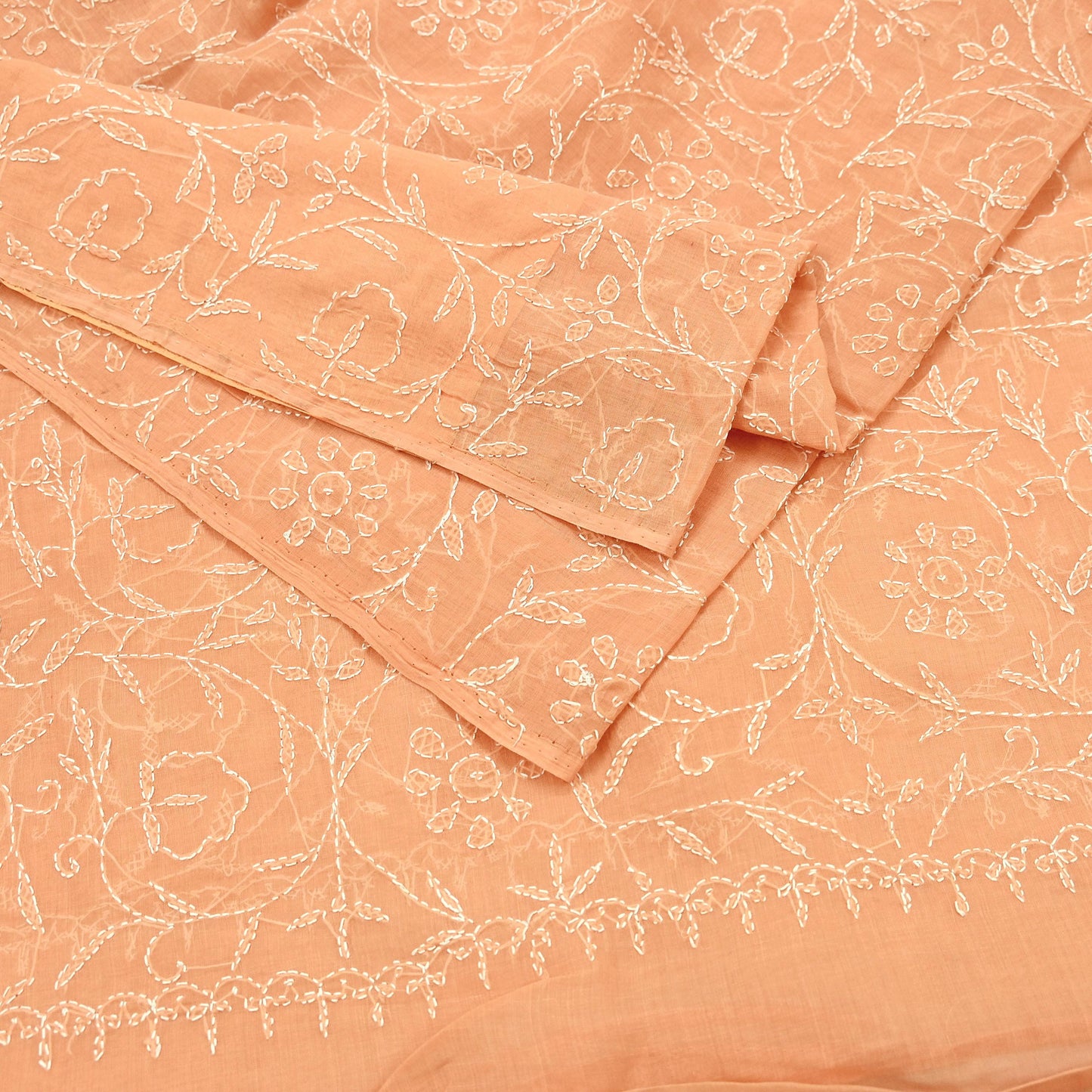 Indian Vintage Peach Saree Cotton Hand Embroidered Kantha Sari Craft Fabric 5yard Sewing Floral Soft Dressmaking Crafting Quilting upcycle