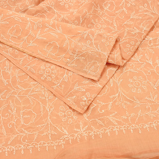 Indian Vintage Peach Saree Cotton Hand Embroidered Kantha Sari Craft Fabric 5yard Sewing Floral Soft Dressmaking Crafting Quilting upcycle