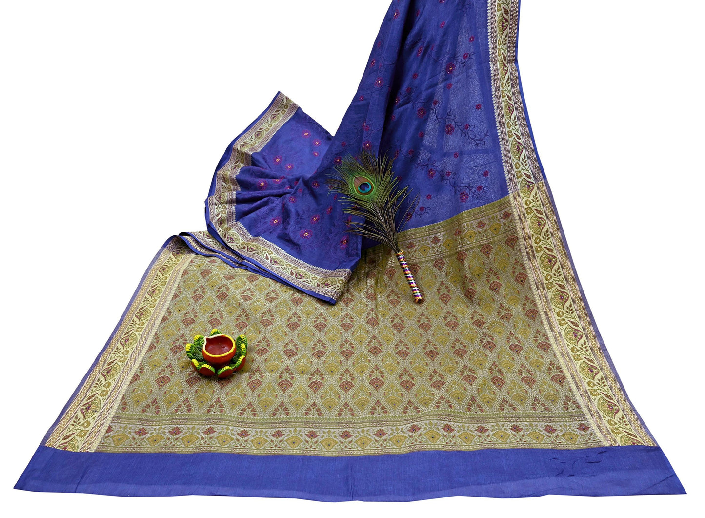 Indian Vintage Sari Blue Pure Tussar Silk Hand Woven Sarees 5Yard Sewing Ethnic Crafting Craft Fabric Dress making Upcycle Used