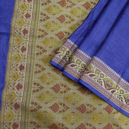 Indian Vintage Sari Blue Pure Tussar Silk Hand Woven Sarees 5Yard Sewing Ethnic Crafting Craft Fabric Dress making Upcycle Used