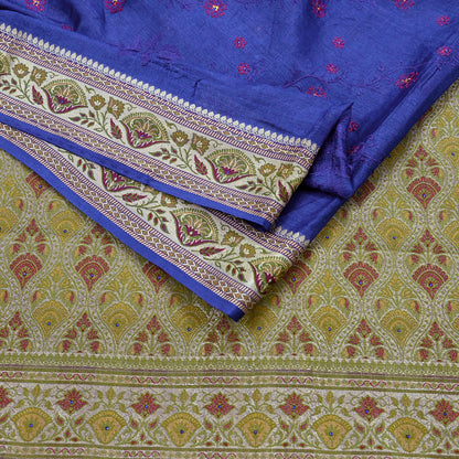 Indian Vintage Sari Blue Pure Tussar Silk Hand Woven Sarees 5Yard Sewing Ethnic Crafting Craft Fabric Dress making Upcycle Used