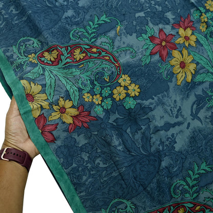 Indian Vintage Sari Green & Gray Pure Crepe Silk Printed Sarees 6yd Sewing Soft Craft Fabric Wrap Upcycle Quilting Crafting Dress making