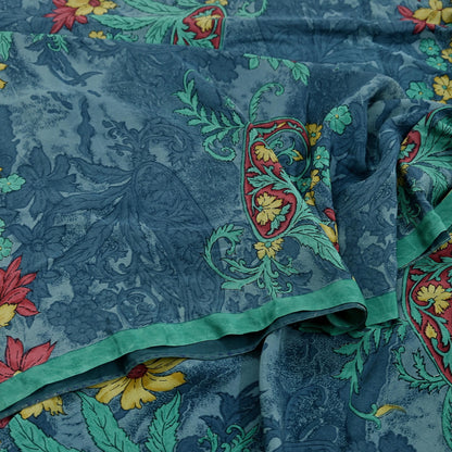 Indian Vintage Sari Green & Gray Pure Crepe Silk Printed Sarees 6yd Sewing Soft Craft Fabric Wrap Upcycle Quilting Crafting Dress making