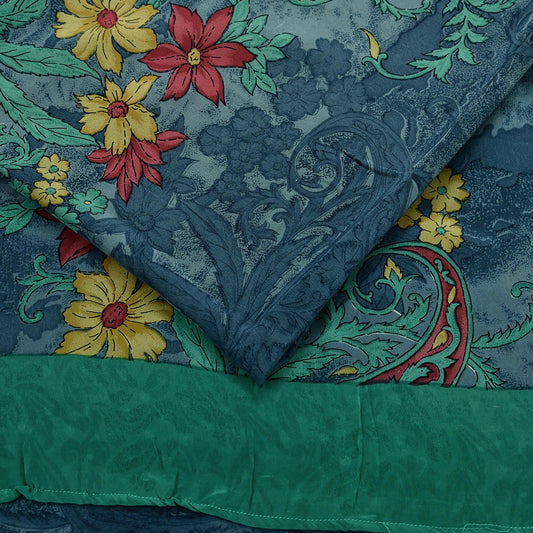 Indian Vintage Sari Green & Gray Pure Crepe Silk Printed Sarees 6yd Sewing Soft Craft Fabric Wrap Upcycle Quilting Crafting Dress making