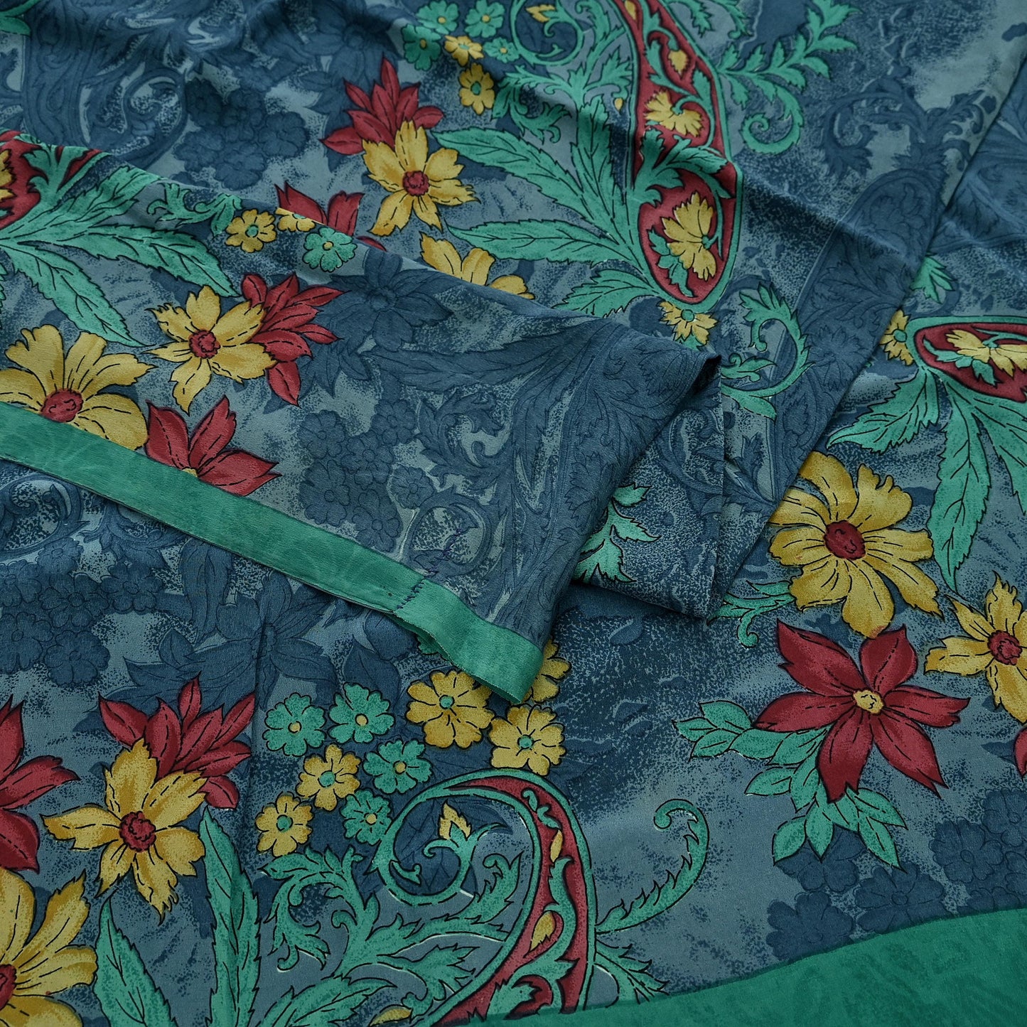 Indian Vintage Sari Green & Gray Pure Crepe Silk Printed Sarees 6yd Sewing Soft Craft Fabric Wrap Upcycle Quilting Crafting Dress making