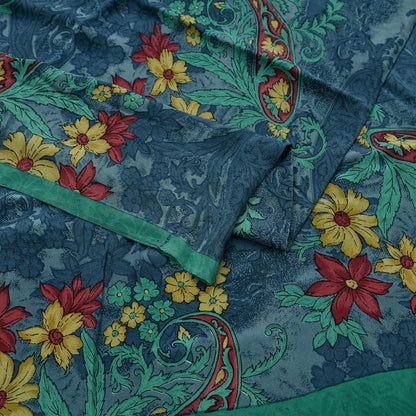 Indian Vintage Sari Green & Gray Pure Crepe Silk Printed Sarees 6yd Sewing Soft Craft Fabric Wrap Upcycle Quilting Crafting Dress making