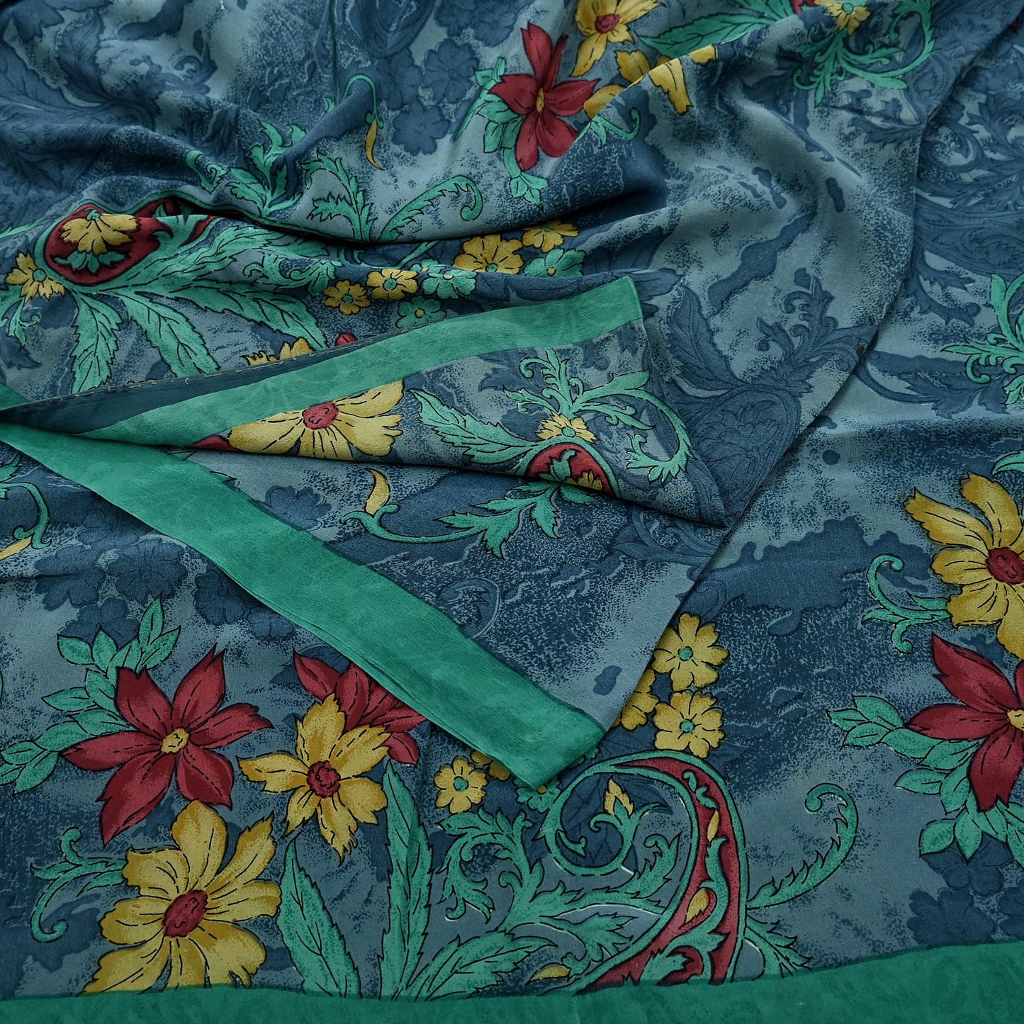 Indian Vintage Sari Green & Gray Pure Crepe Silk Printed Sarees 6yd Sewing Soft Craft Fabric Wrap Upcycle Quilting Crafting Dress making