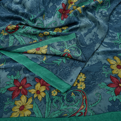 Indian Vintage Sari Green & Gray Pure Crepe Silk Printed Sarees 6yd Sewing Soft Craft Fabric Wrap Upcycle Quilting Crafting Dress making