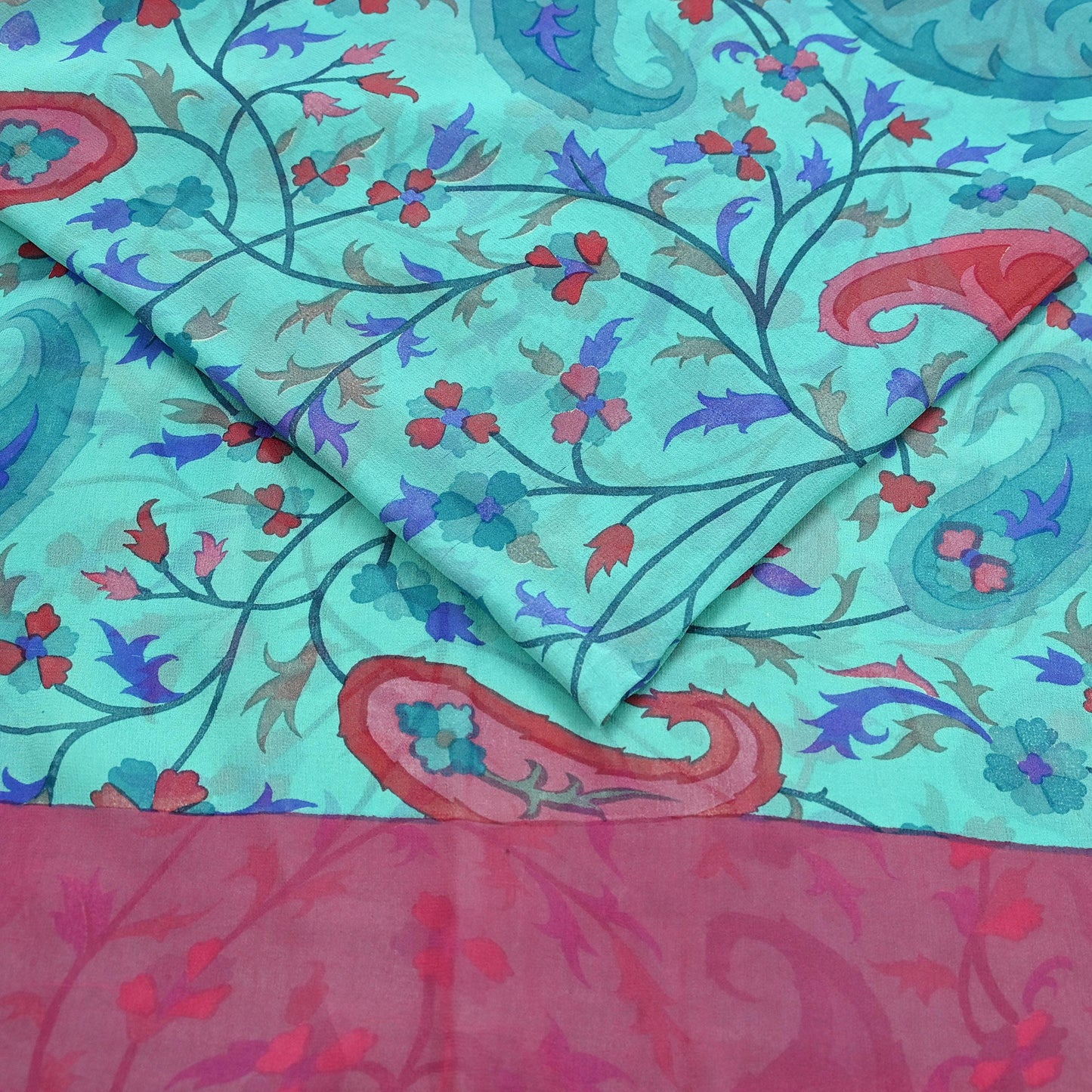 Vintage Green Georgette Silk Saree: Floral Print Fabric, 5.8 Yard