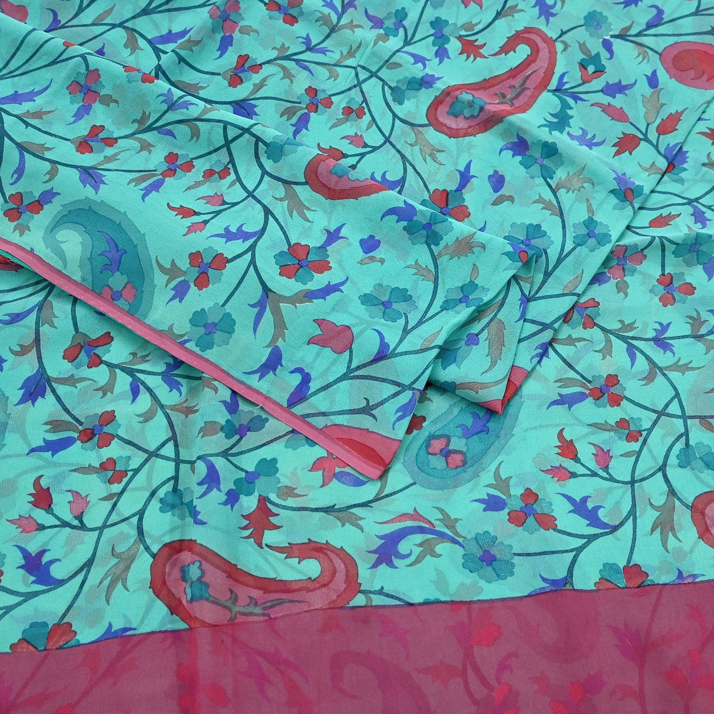 Vintage Green Georgette Silk Saree: Floral Print Fabric, 5.8 Yard