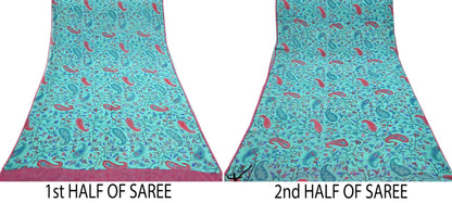 Vintage Green Georgette Silk Saree: Floral Print Fabric, 5.8 Yard