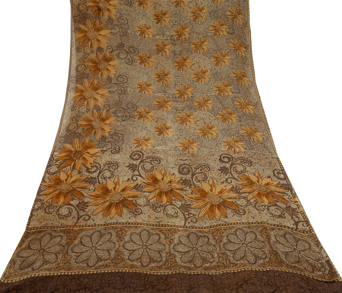 Women Vintage Sari Brown Pure Georgette Silk Printed Saree Craft Fabric Sewing 5Yard Soft Light Dress Making Floral