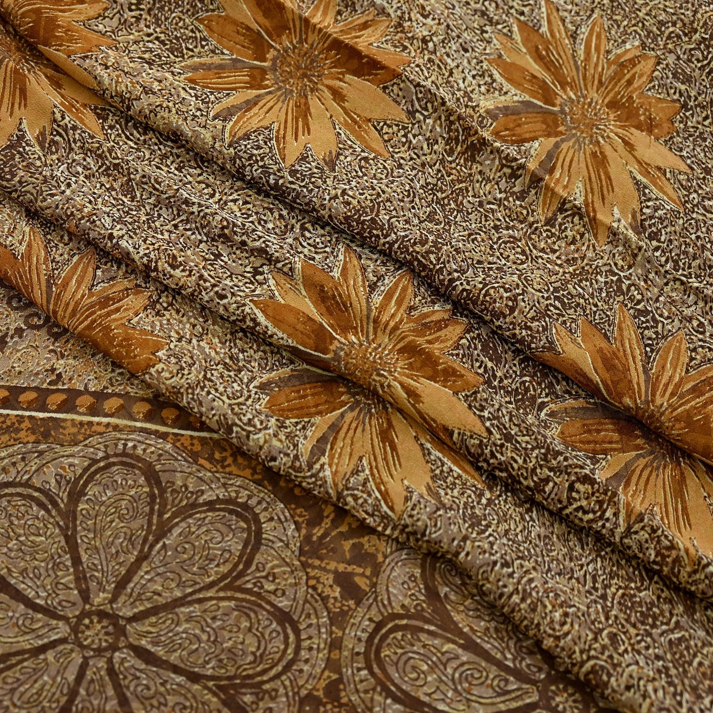 Women Vintage Sari Brown Pure Georgette Silk Printed Saree Craft Fabric Sewing 5Yard Soft Light Dress Making Floral