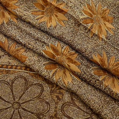 Women Vintage Sari Brown Pure Georgette Silk Printed Saree Craft Fabric Sewing 5Yard Soft Light Dress Making Floral
