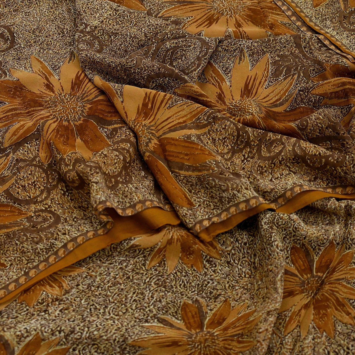 Women Vintage Sari Brown Pure Georgette Silk Printed Saree Craft Fabric Sewing 5Yard Soft Light Dress Making Floral