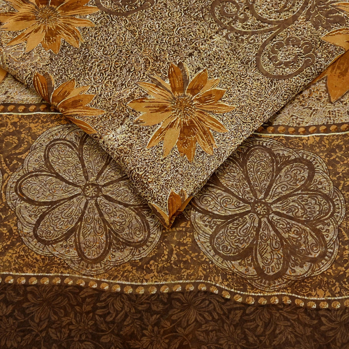 Women Vintage Sari Brown Pure Georgette Silk Printed Saree Craft Fabric Sewing 5Yard Soft Light Dress Making Floral