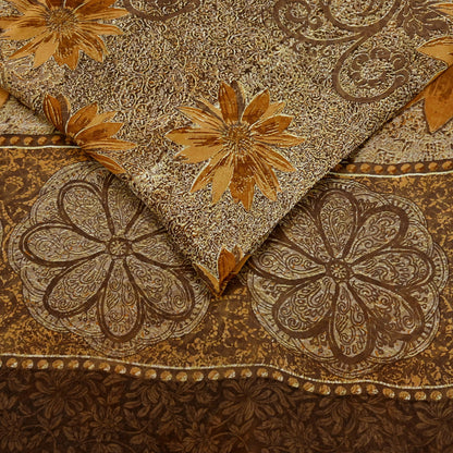 Women Vintage Sari Brown Pure Georgette Silk Printed Saree Craft Fabric Sewing 5Yard Soft Light Dress Making Floral