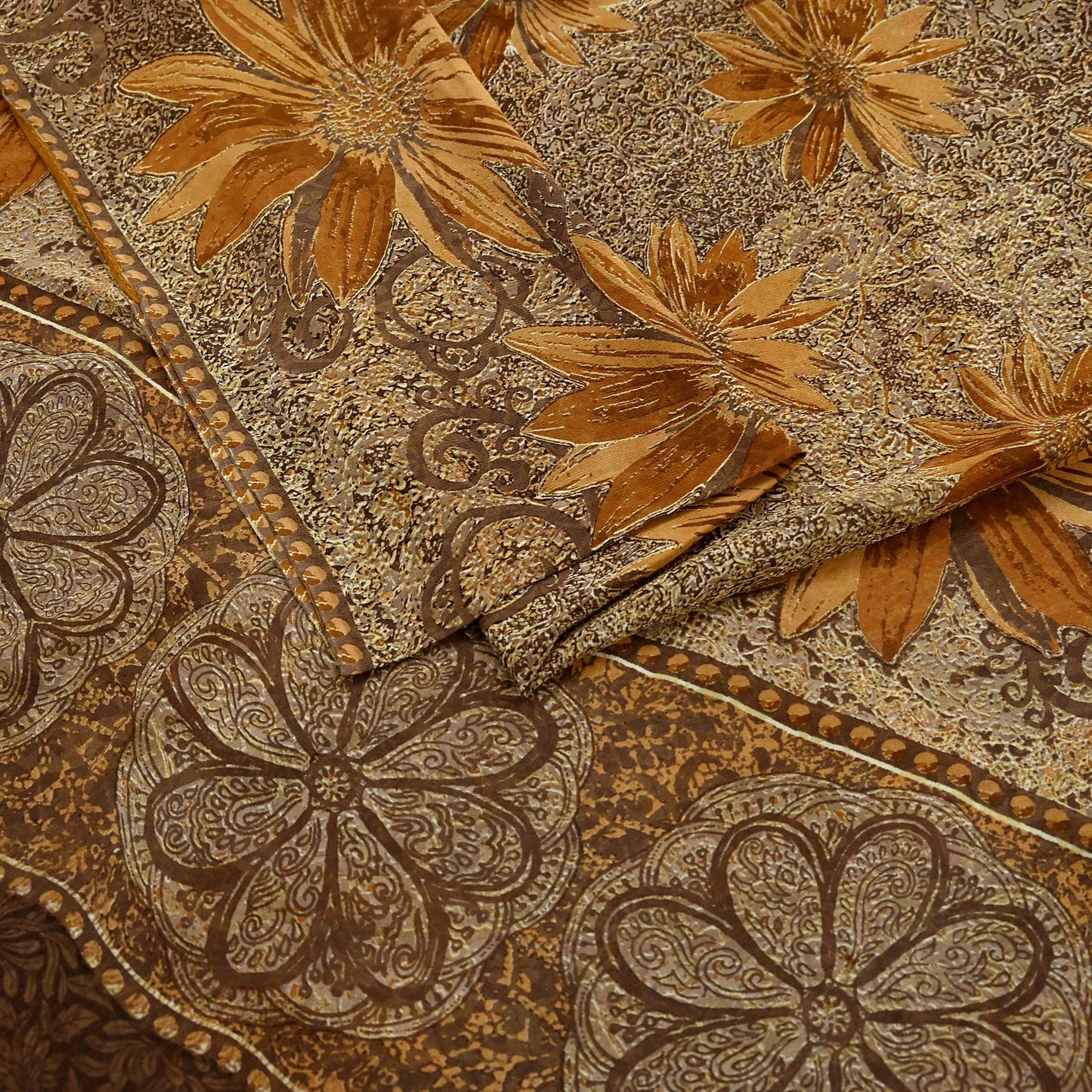 Women Vintage Sari Brown Pure Georgette Silk Printed Saree Craft Fabric Sewing 5Yard Soft Light Dress Making Floral