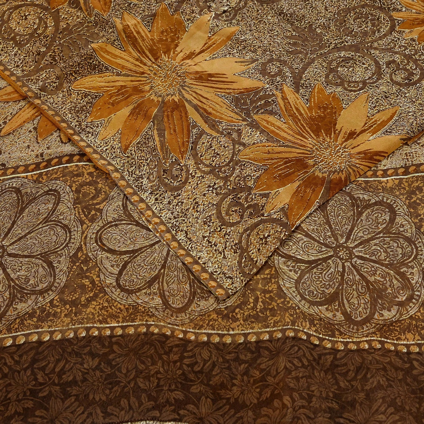 Women Vintage Sari Brown Pure Georgette Silk Printed Saree Craft Fabric Sewing 5Yard Soft Light Dress Making Floral