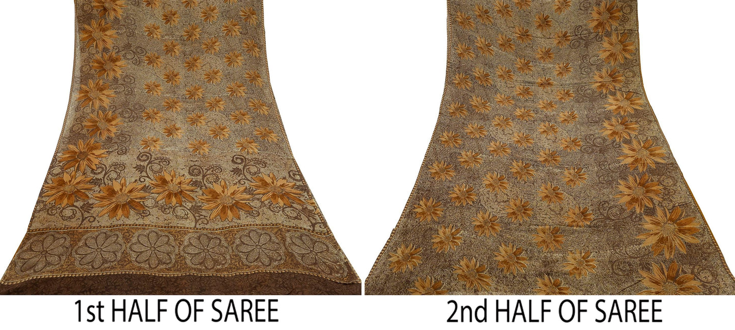 Women Vintage Sari Brown Pure Georgette Silk Printed Saree Craft Fabric Sewing 5Yard Soft Light Dress Making Floral