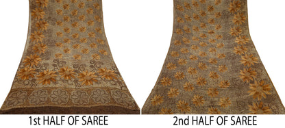 Women Vintage Sari Brown Pure Georgette Silk Printed Saree Craft Fabric Sewing 5Yard Soft Light Dress Making Floral