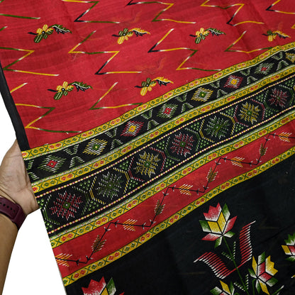 Indian Vintage Sari Red & Black Pure Silk Printed Sarees 6yd Sewing Craft Fabric Dress Making Soft Quilting Crafting Upcycle Used Floral