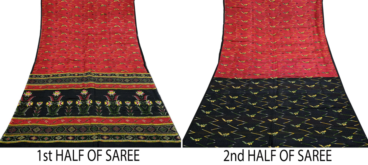 Indian Vintage Sari Red & Black Pure Silk Printed Sarees 6yd Sewing Craft Fabric Dress Making Soft Quilting Crafting Upcycle Used Floral