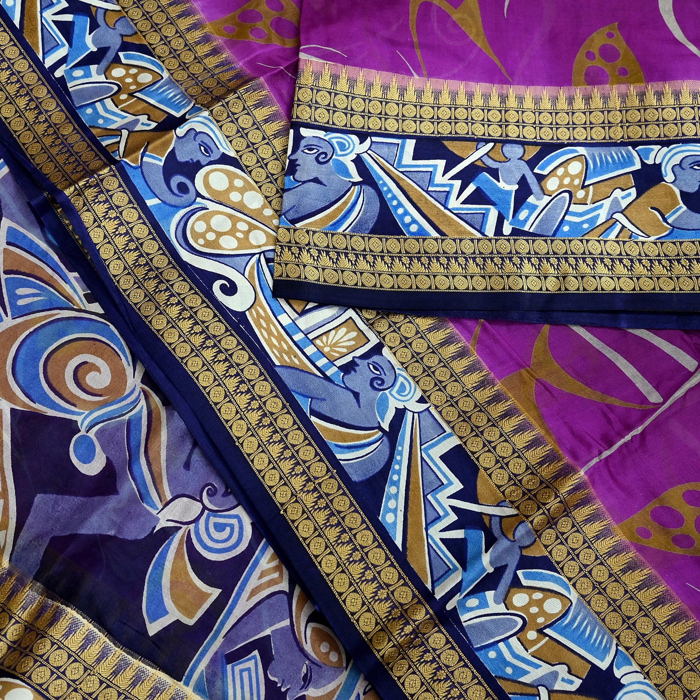 Indian Vintage Sari Blue & Purple Pure Silk Warli Printed Saree Craft Fabric 5Yd Dress making Sewing Dress making For Crafting Quilting