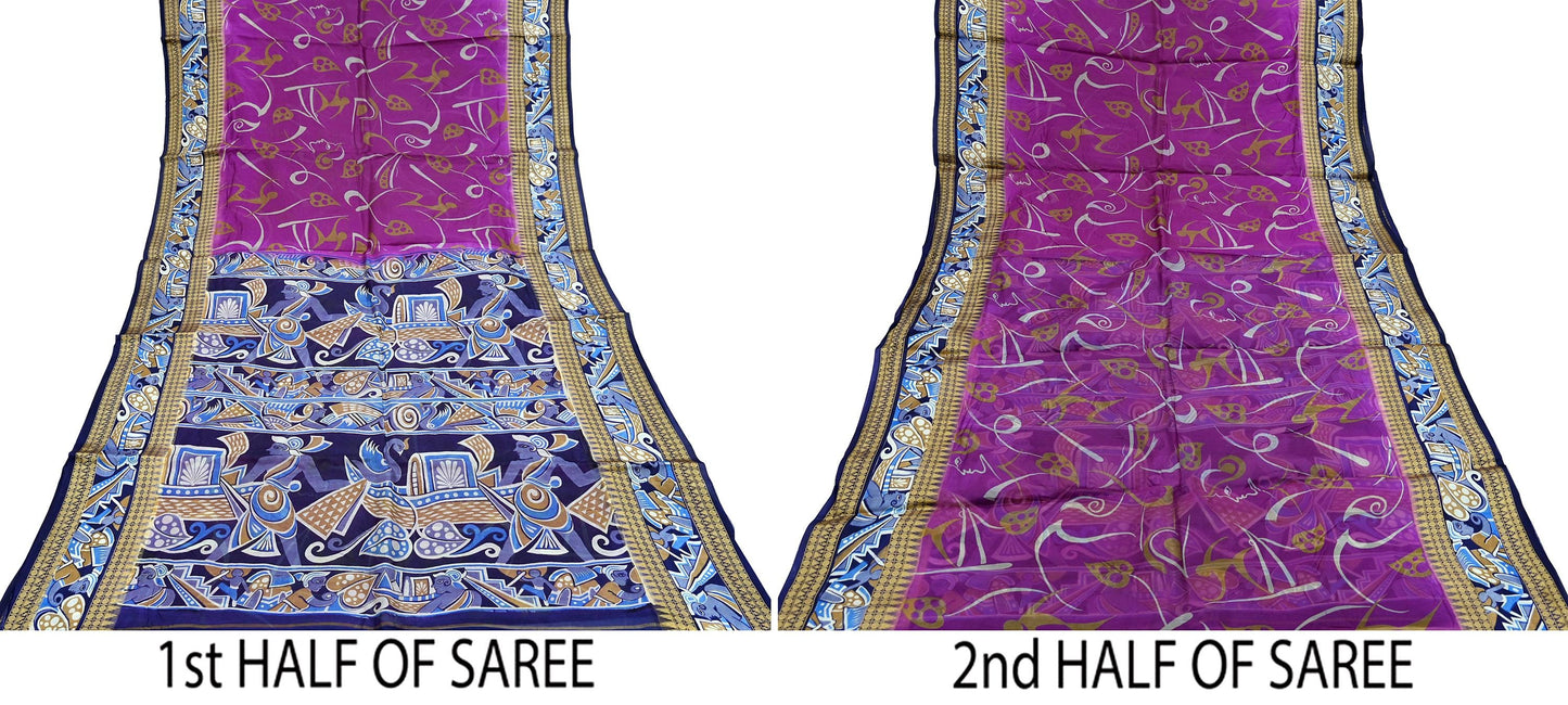 Indian Vintage Sari Blue & Purple Pure Silk Warli Printed Saree Craft Fabric 5Yd Dress making Sewing Dress making For Crafting Quilting