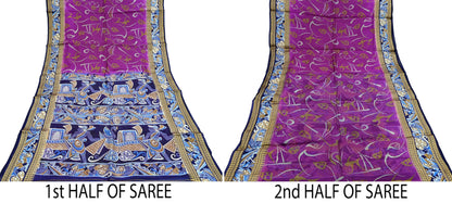 Indian Vintage Sari Blue & Purple Pure Silk Warli Printed Saree Craft Fabric 5Yd Dress making Sewing Dress making For Crafting Quilting