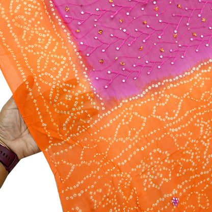 Indian Vintage Orange & Purple Dupatta Pure Georgette Silk Hand Embroidered Bandhani Veil Scarves Soft