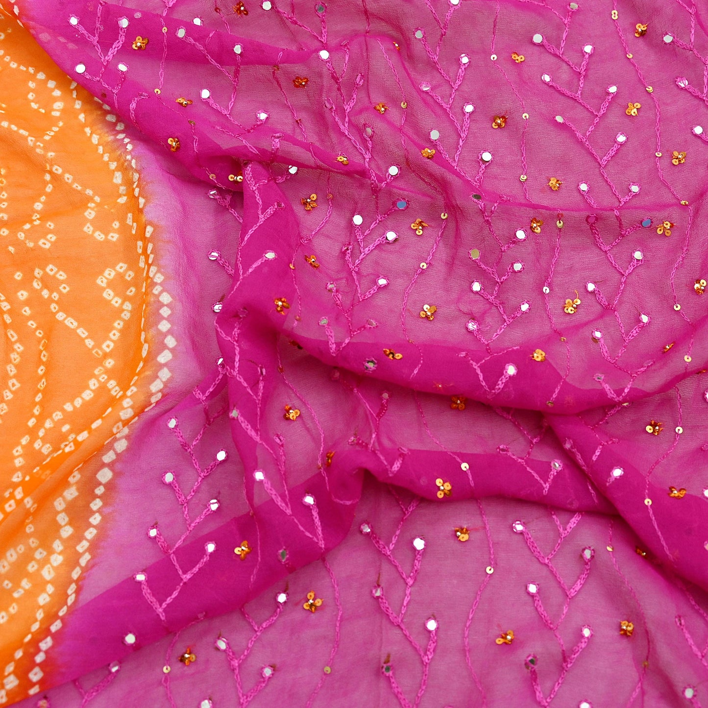 Indian Vintage Orange & Purple Dupatta Pure Georgette Silk Hand Embroidered Bandhani Veil Scarves Soft