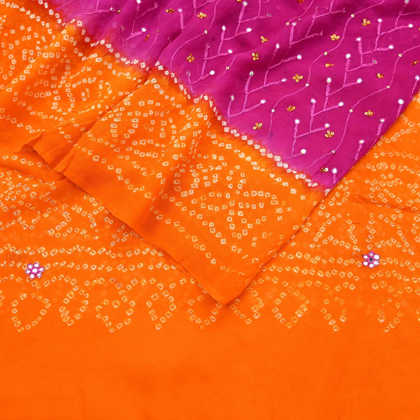 Indian Vintage Orange & Purple Dupatta Pure Georgette Silk Hand Embroidered Bandhani Veil Scarves Soft