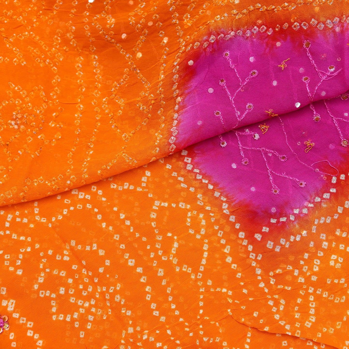 Indian Vintage Orange & Purple Dupatta Pure Georgette Silk Hand Embroidered Bandhani Veil Scarves Soft