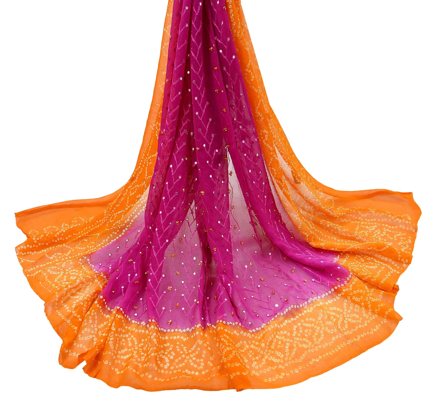 Indian Vintage Orange & Purple Dupatta Pure Georgette Silk Hand Embroidered Bandhani Veil Scarves Soft