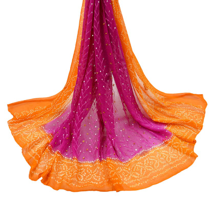 Indian Vintage Orange & Purple Dupatta Pure Georgette Silk Hand Embroidered Bandhani Veil Scarves Soft