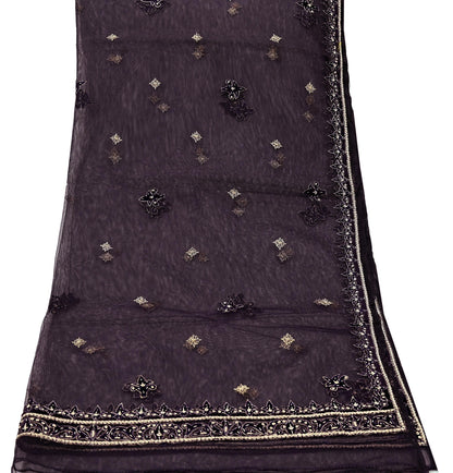 Hand Embroidered Purple Net Dupatta: Vintage Zardozi Zari Stole