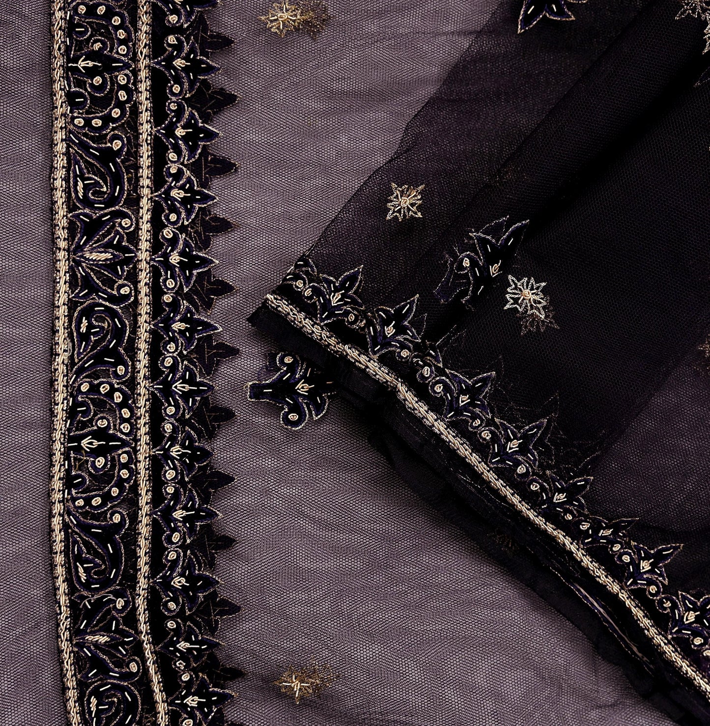 Hand Embroidered Purple Net Dupatta: Vintage Zardozi Zari Stole
