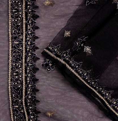 Hand Embroidered Purple Net Dupatta: Vintage Zardozi Zari Stole